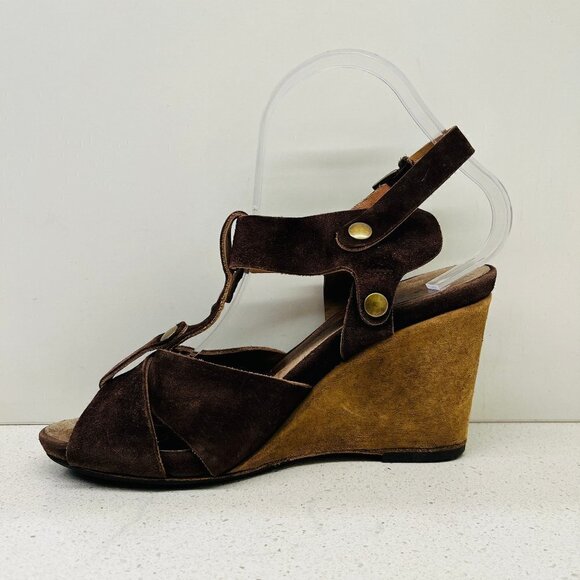 Moma Brown Suede Leather Wedges Sandals Heels TStrap Ankle Made in Italy Sz 38 - Picture 9 of 16